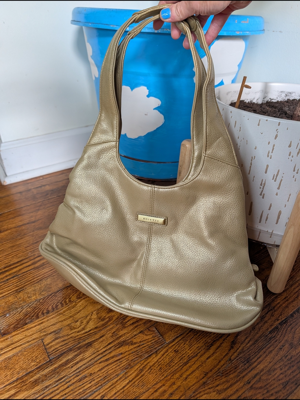 Gold-Tone Faux Pebbled Leather Shoulder Bag